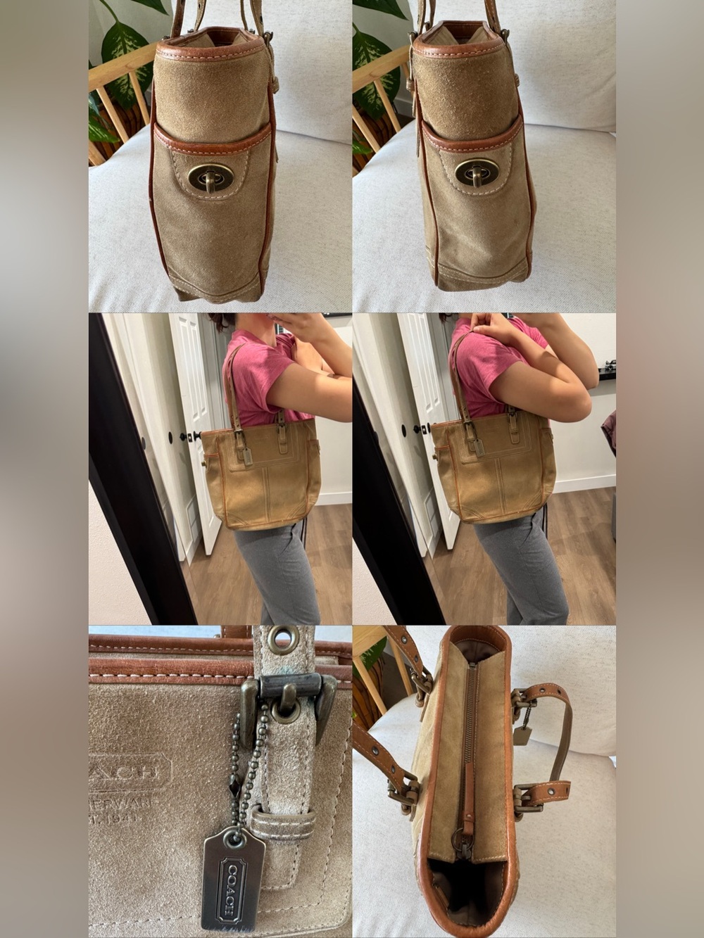 Vintage Coach Y2K Tan Brown Suede Leather Trim Tote Shoulder Bag Purse #F10410 - Picture 17 of 17